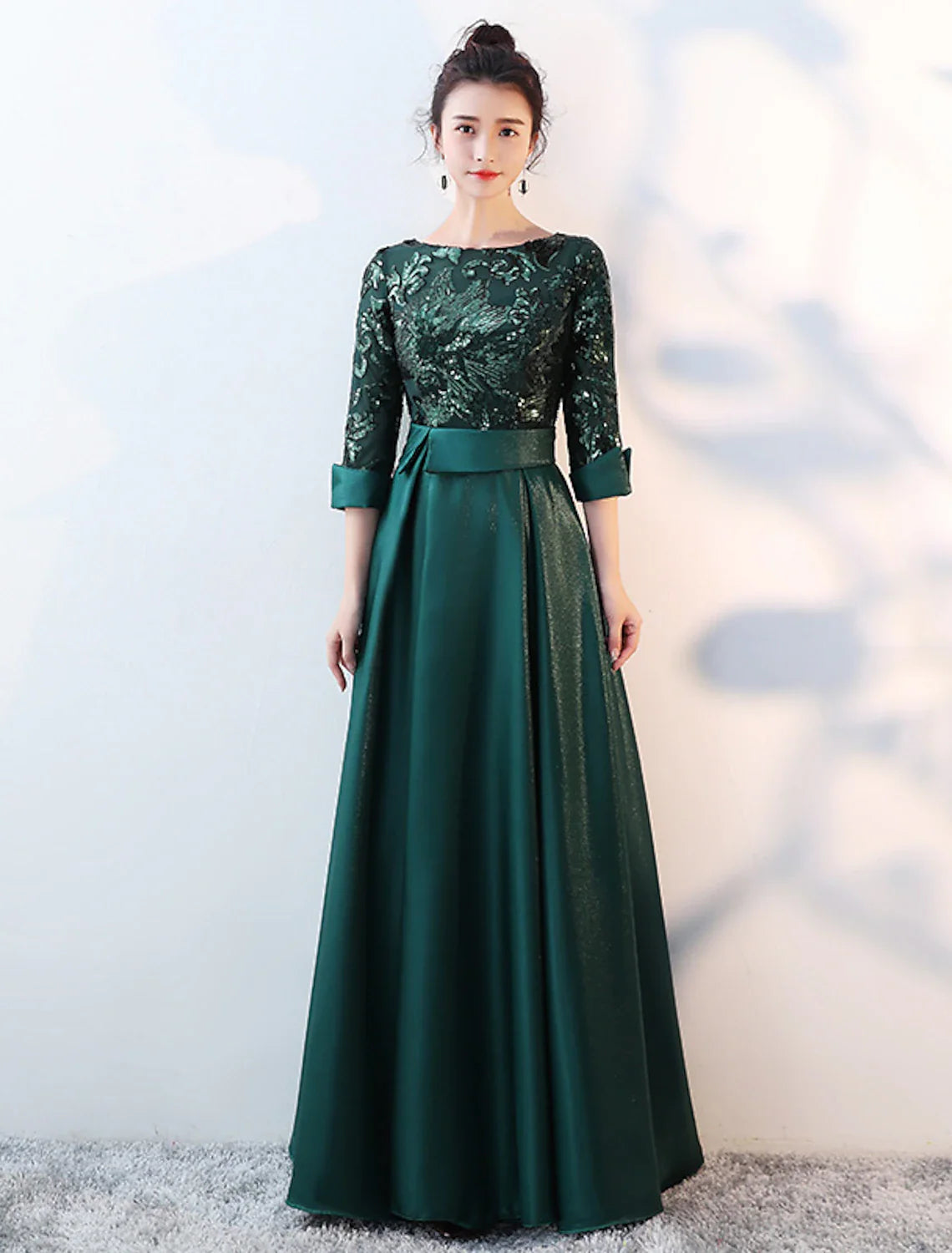 A-Line Bridesmaid Dress Jewel Neck Long Sleeve Beautiful Back Floor Length Satin / Tulle / Sequined with Sash / Ribbon / Pleats