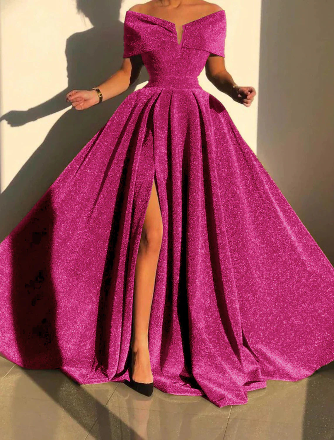 A-Line Evening Gown Sparkle & Shine Dress Formal Fall Court Train Sleeveless Off Shoulder Sequined with Sequin Slit