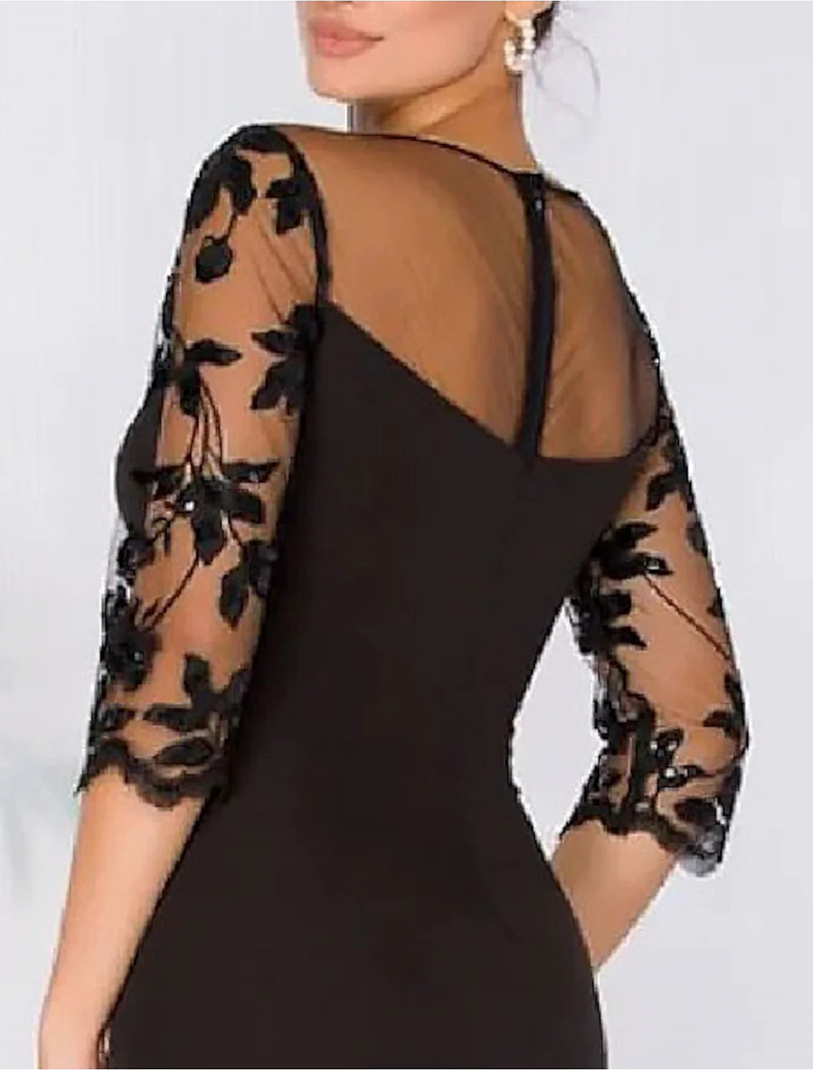 Mermaid Evening Gown Elegant Black Dress Wedding Guest Fall Floor Length 3/4 Length Sleeve Jewel Neck Satin with Bow(s) Beading Appliques 2025