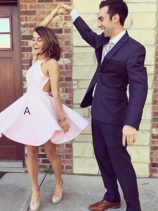 Satin Halter Sleeveless A-line Short/Mini Ruffles Prom Dresses