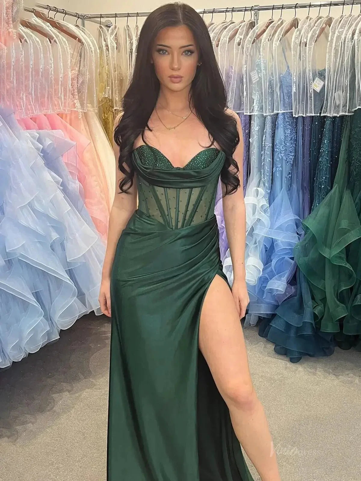Satin Mermaid Prom Dresses 2025 with Slit, Sheer Boned Bodice & Spaghetti Strap – FD5064