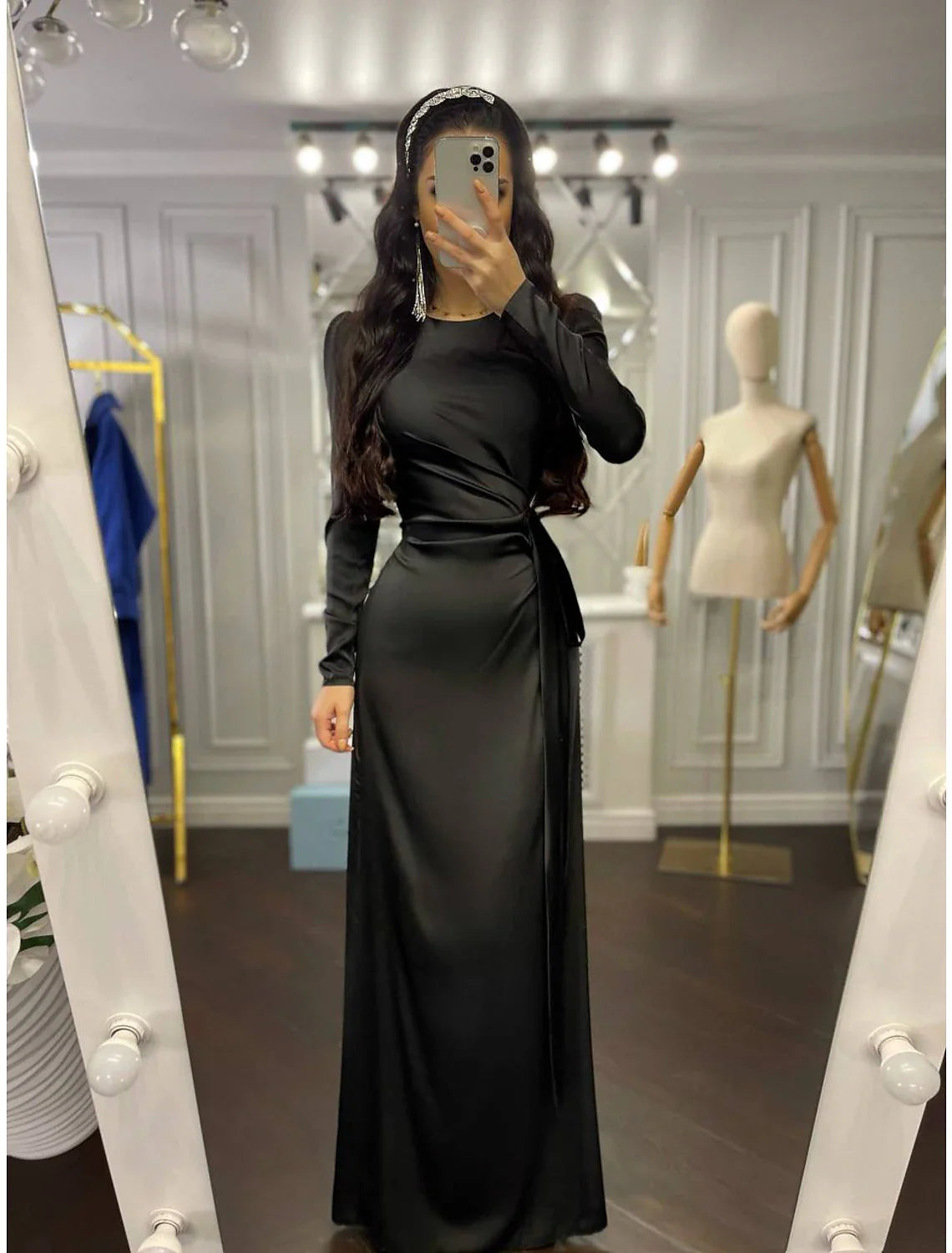 Sheath Party Dress Evening Gown Elegant Dress Wedding Guest Fall Floor Length Long Sleeve High Neck Bridesmaid Dress Satin with Ruched 2025