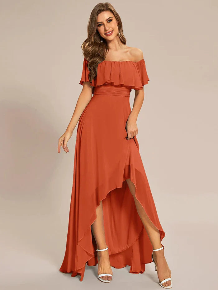 Weitese Elegant Chiffon High-Low Off The Shoulder Bridesmaid Dress