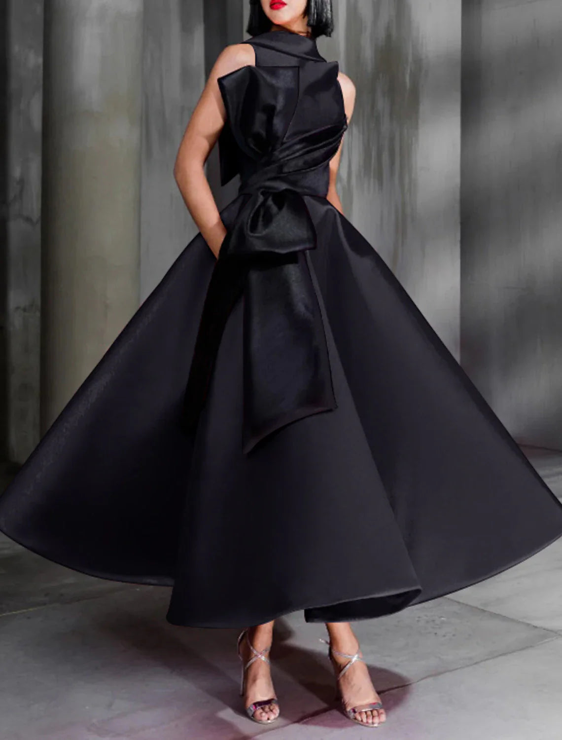 Aimishang Ball Gown Color Black Celebrity Style Elegant Prom Formal Evening Birthday Dress Red Dress High Neck Sleeveless Ankle Length Satin with Bow(s)