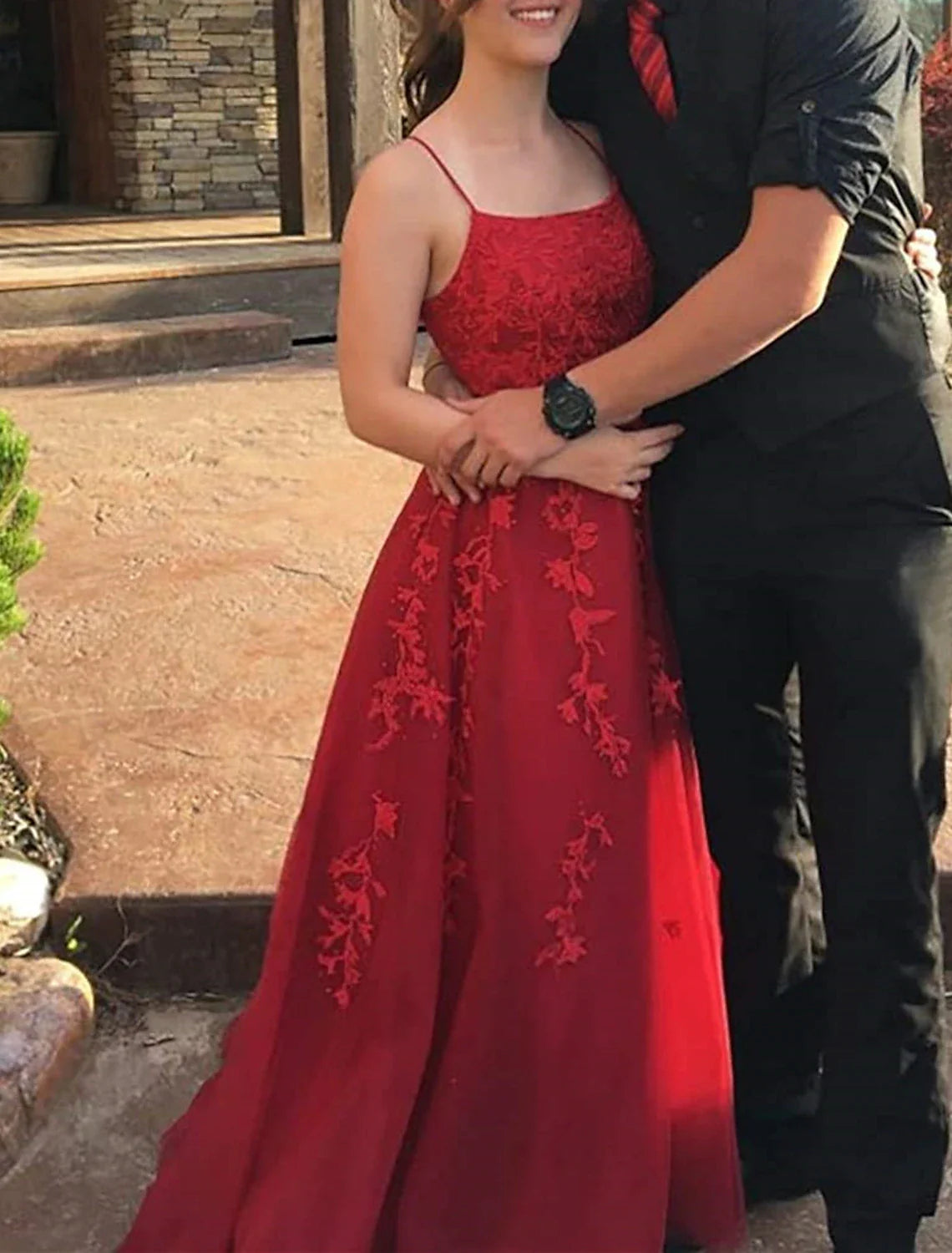 A-Line Prom Dresses Floral Dress Formal Wedding Guest Chapel Train Sleeveless Spaghetti Strap Tulle with Appliques