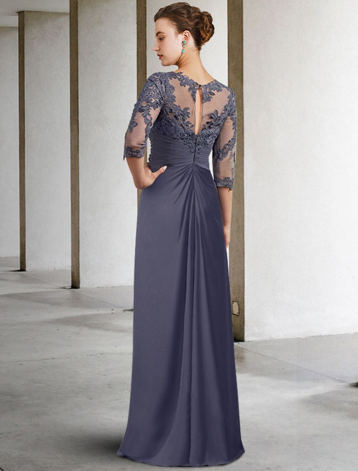 Aimishang Sheath / Column Mother of the Bride Dress Elegant Jewel Neck Floor Length Chiffon Lace 3/4 Length Sleeve with Ruched Appliques