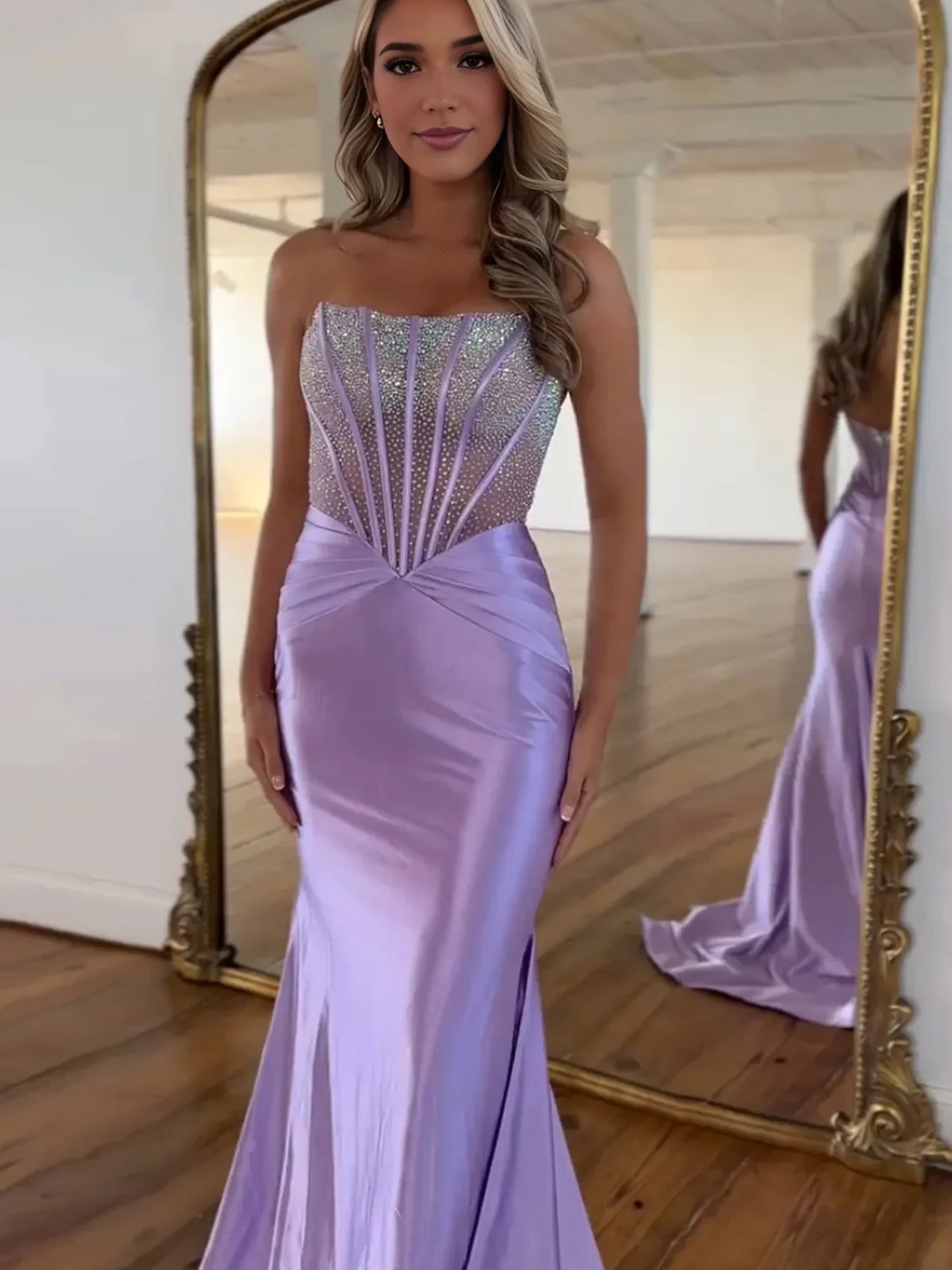 Purple Strapless Mermaid Satin Long Prom Dress With Beading