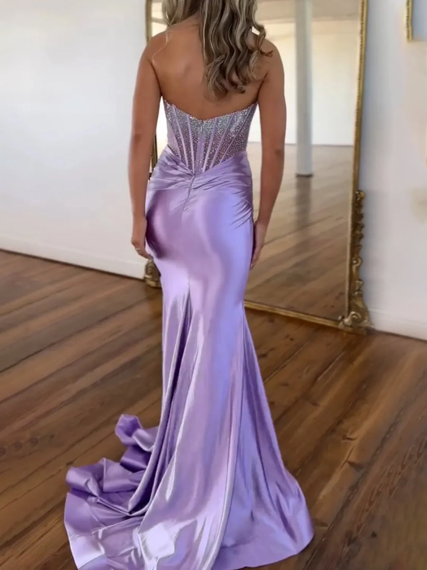 Purple Strapless Mermaid Satin Long Prom Dress With Beading
