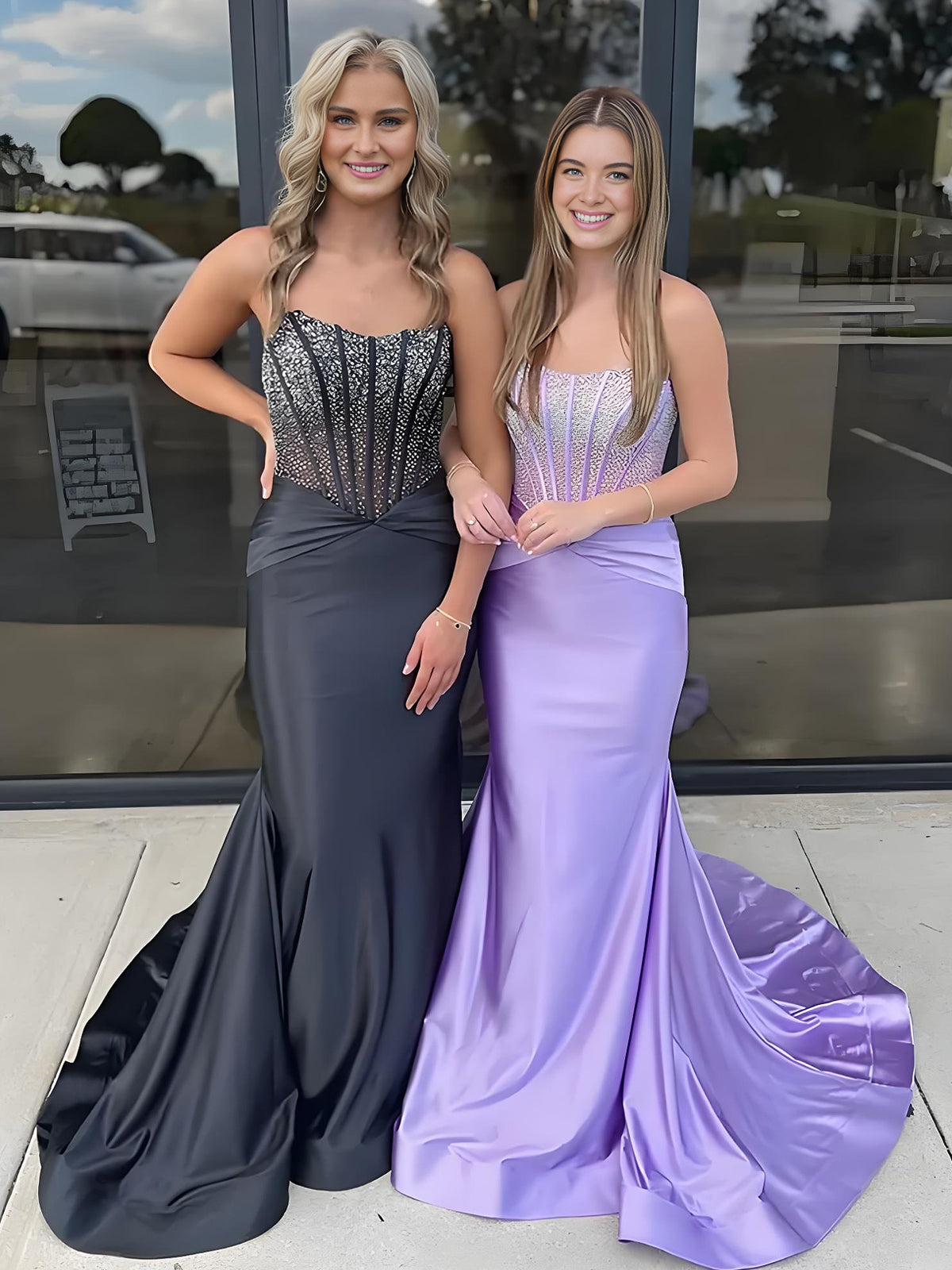 Purple Strapless Mermaid Satin Long Prom Dress With Beading