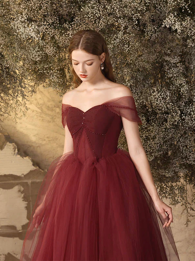 Burgundy Sweetheart Neck Tulle Long Prom Dress, Burgundy Long Formal Dress