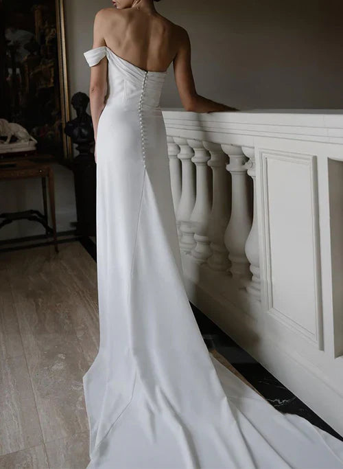 Aimishang Elegant Sheath One-Shoulder Sleeveless Satin Wedding Dresses with Slit