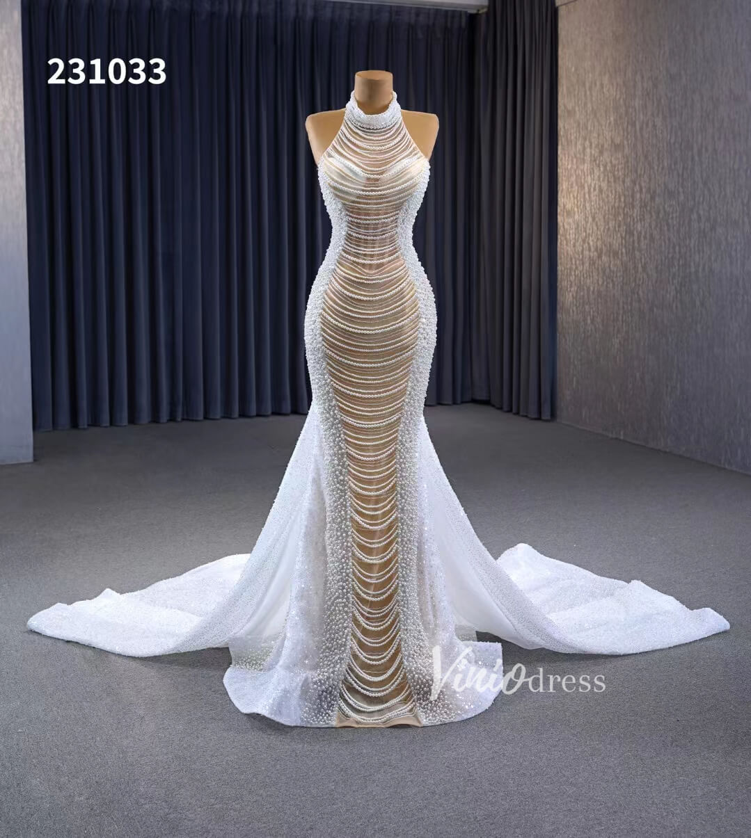 Sheer Pearl Mermaid Wedding Dresses Halter Neck Bridal Dress 231033