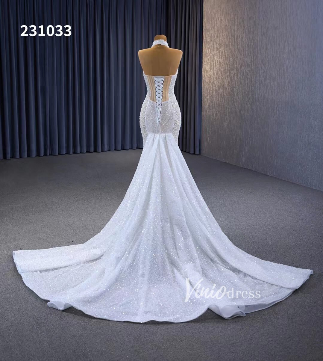Sheer Pearl Mermaid Wedding Dresses Halter Neck Bridal Dress 231033