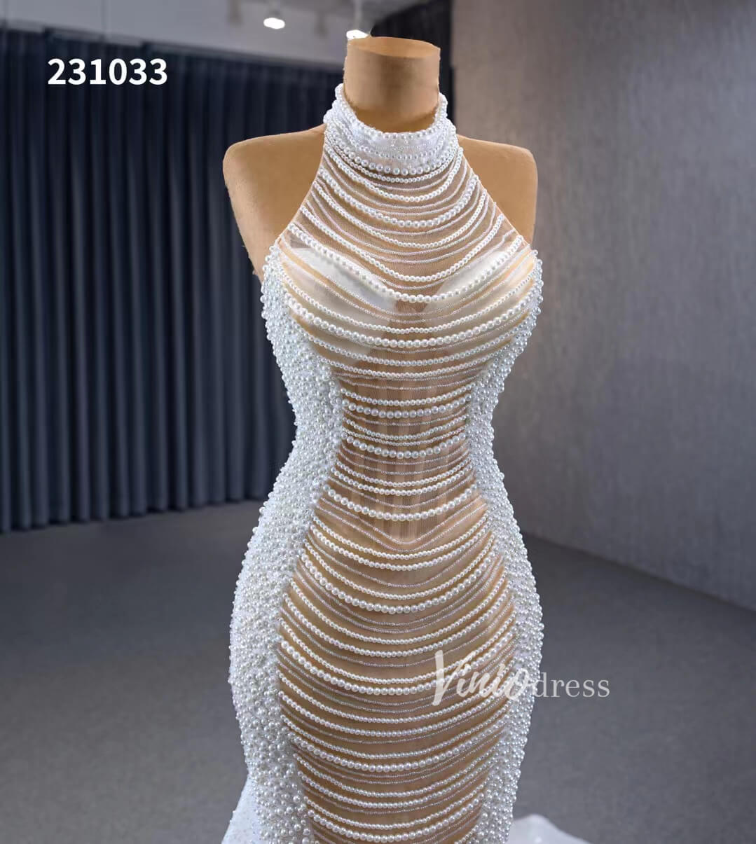Sheer Pearl Mermaid Wedding Dresses Halter Neck Bridal Dress 231033