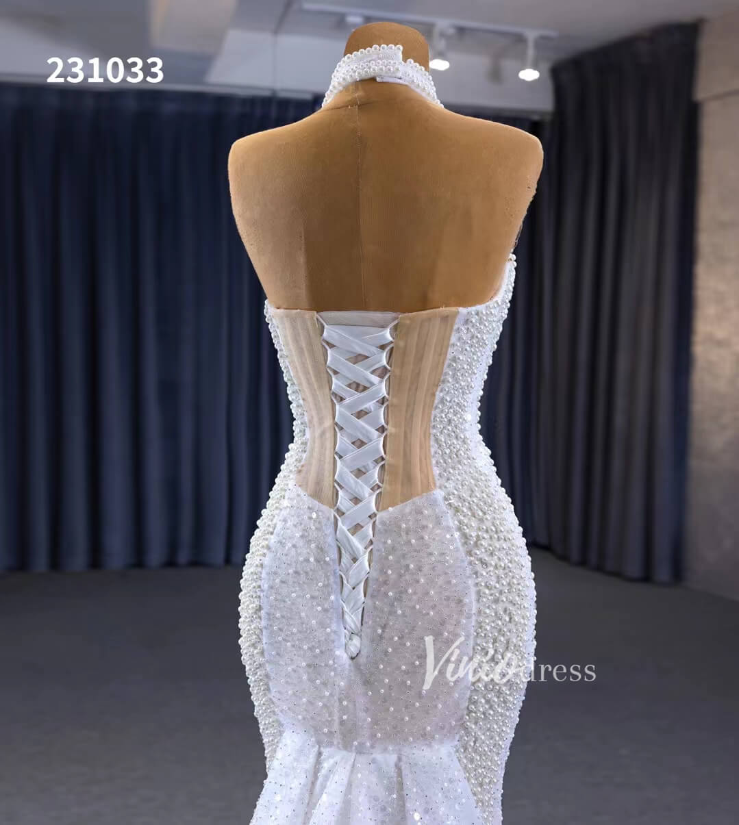 Sheer Pearl Mermaid Wedding Dresses Halter Neck Bridal Dress 231033