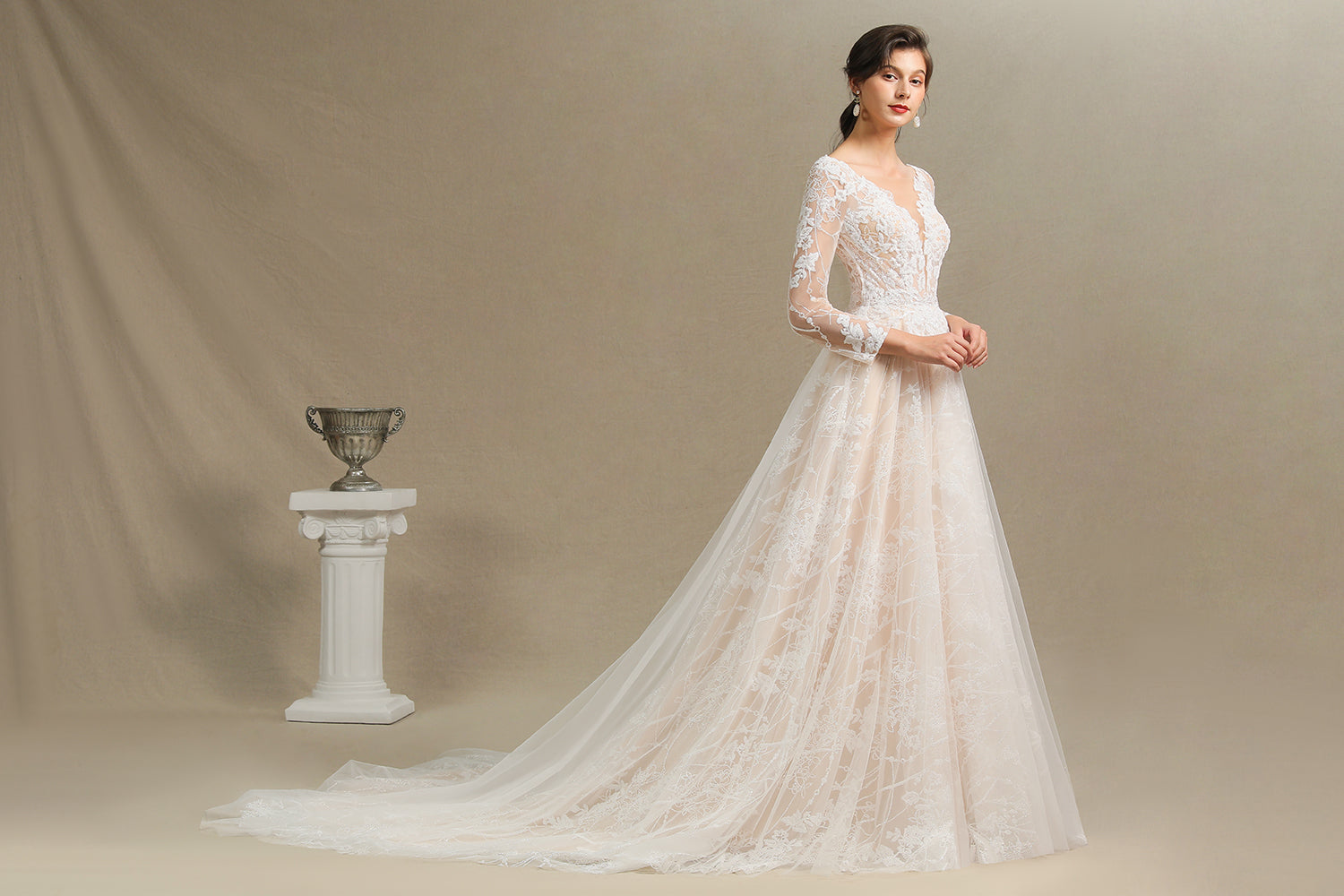 Sheer Tulle A-Line Wedding Dress With Lace Illusion Sleeves