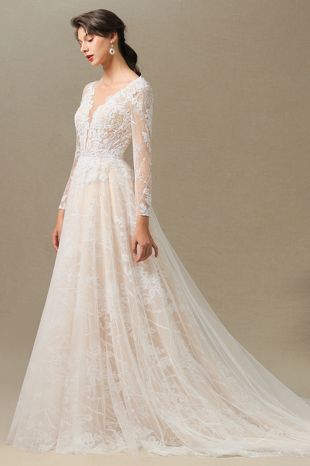 Sheer Tulle A-Line Wedding Dress With Lace Illusion Sleeves
