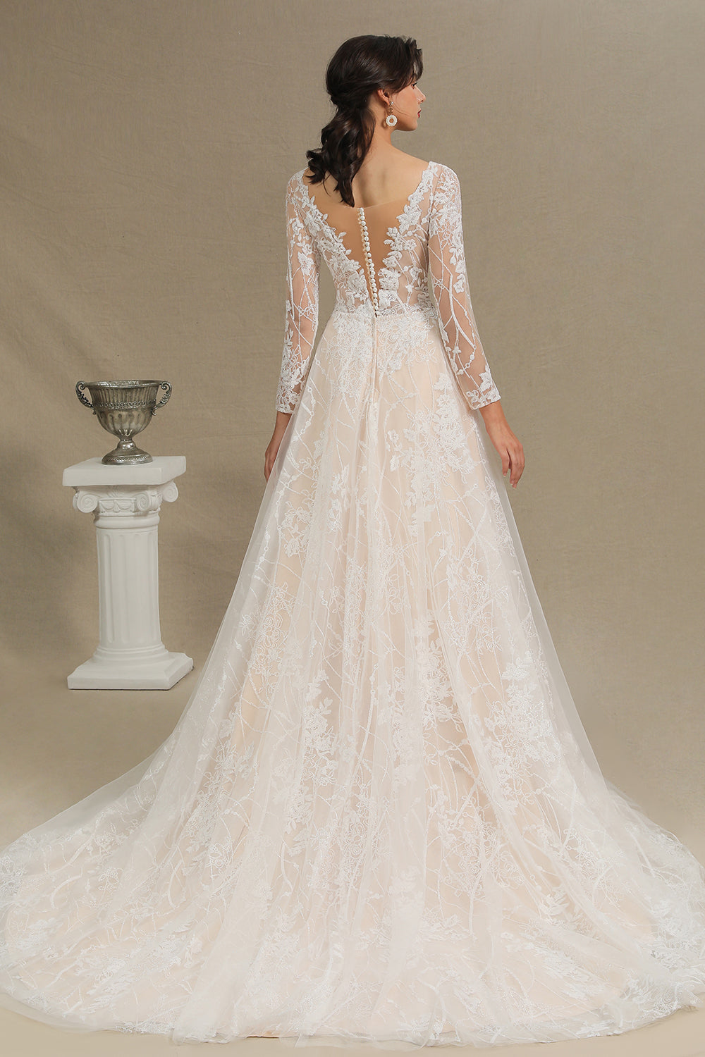 Sheer Tulle A-Line Wedding Dress With Lace Illusion Sleeves