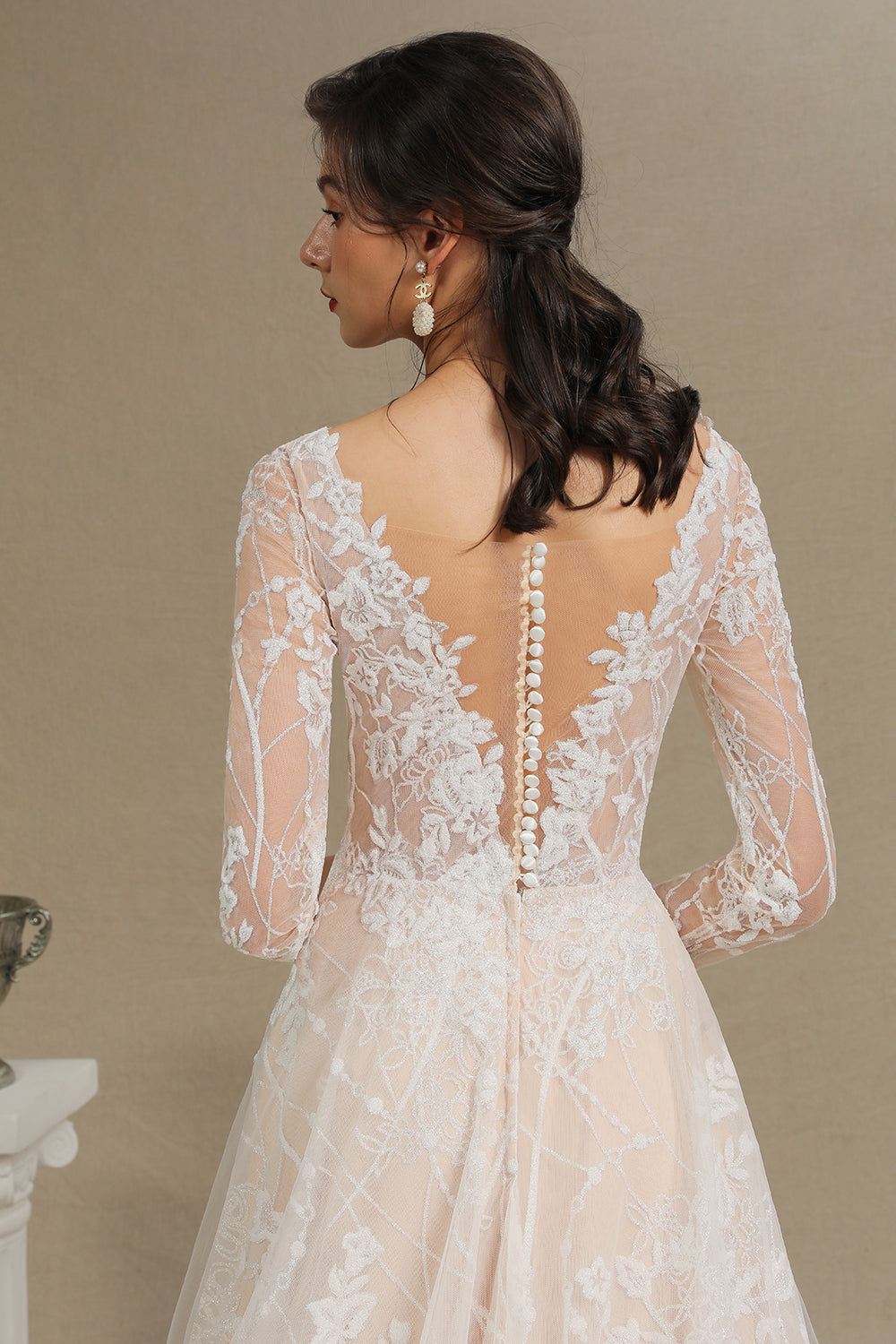 Sheer Tulle A-Line Wedding Dress With Lace Illusion Sleeves