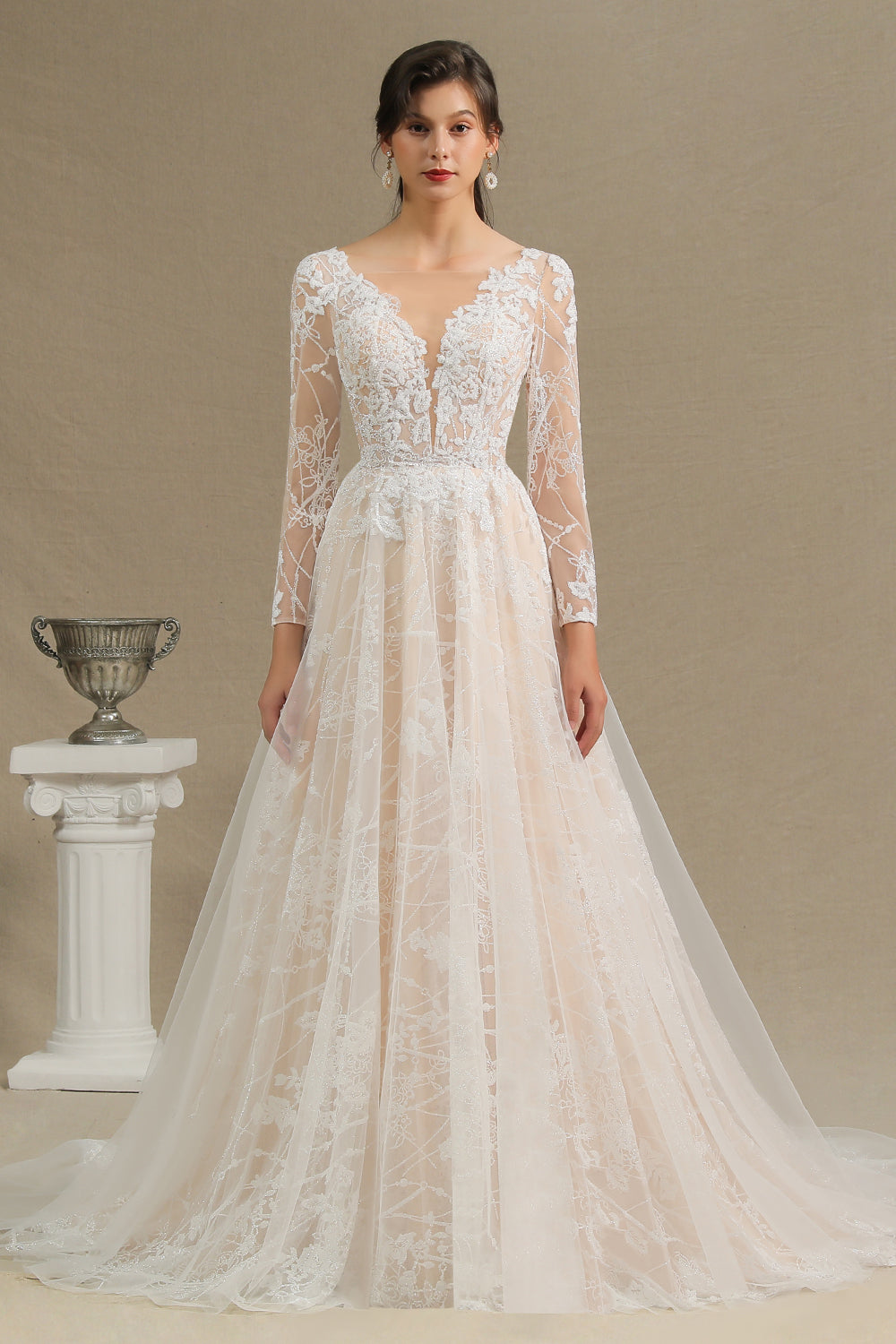 Sheer Tulle A-Line Wedding Dress With Lace Illusion Sleeves