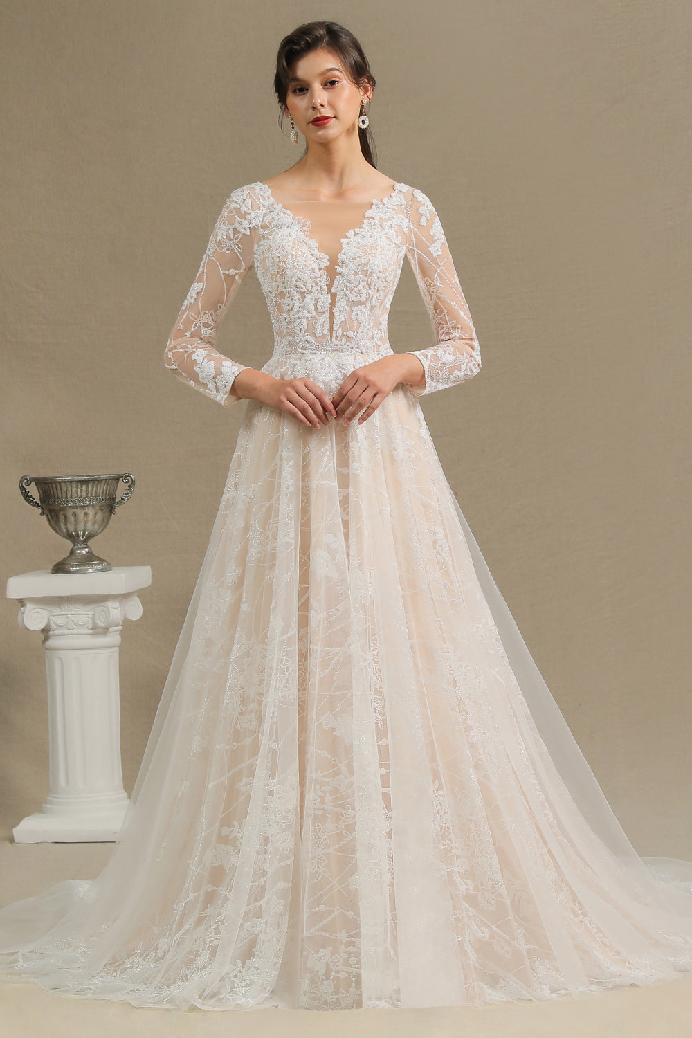 Sheer Tulle A-Line Wedding Dress With Lace Illusion Sleeves