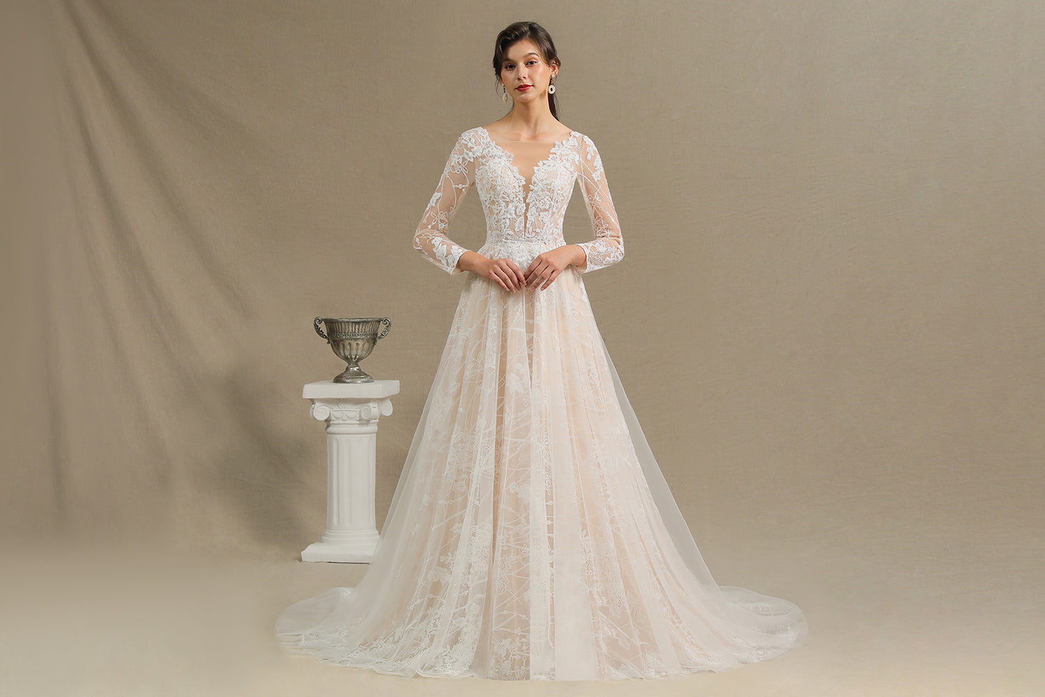 Sheer Tulle A-Line Wedding Dress With Lace Illusion Sleeves