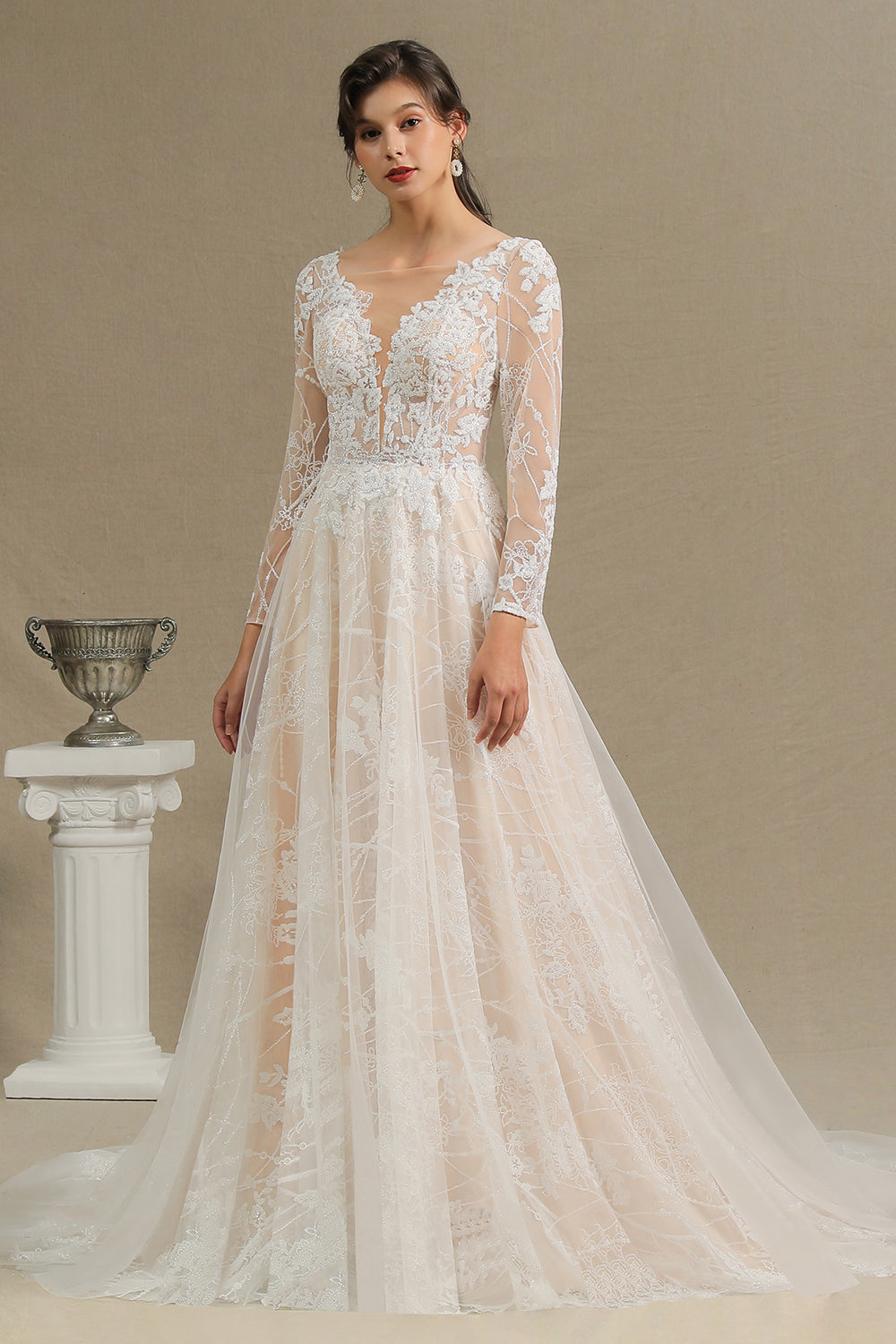 Sheer Tulle A-Line Wedding Dress With Lace Illusion Sleeves