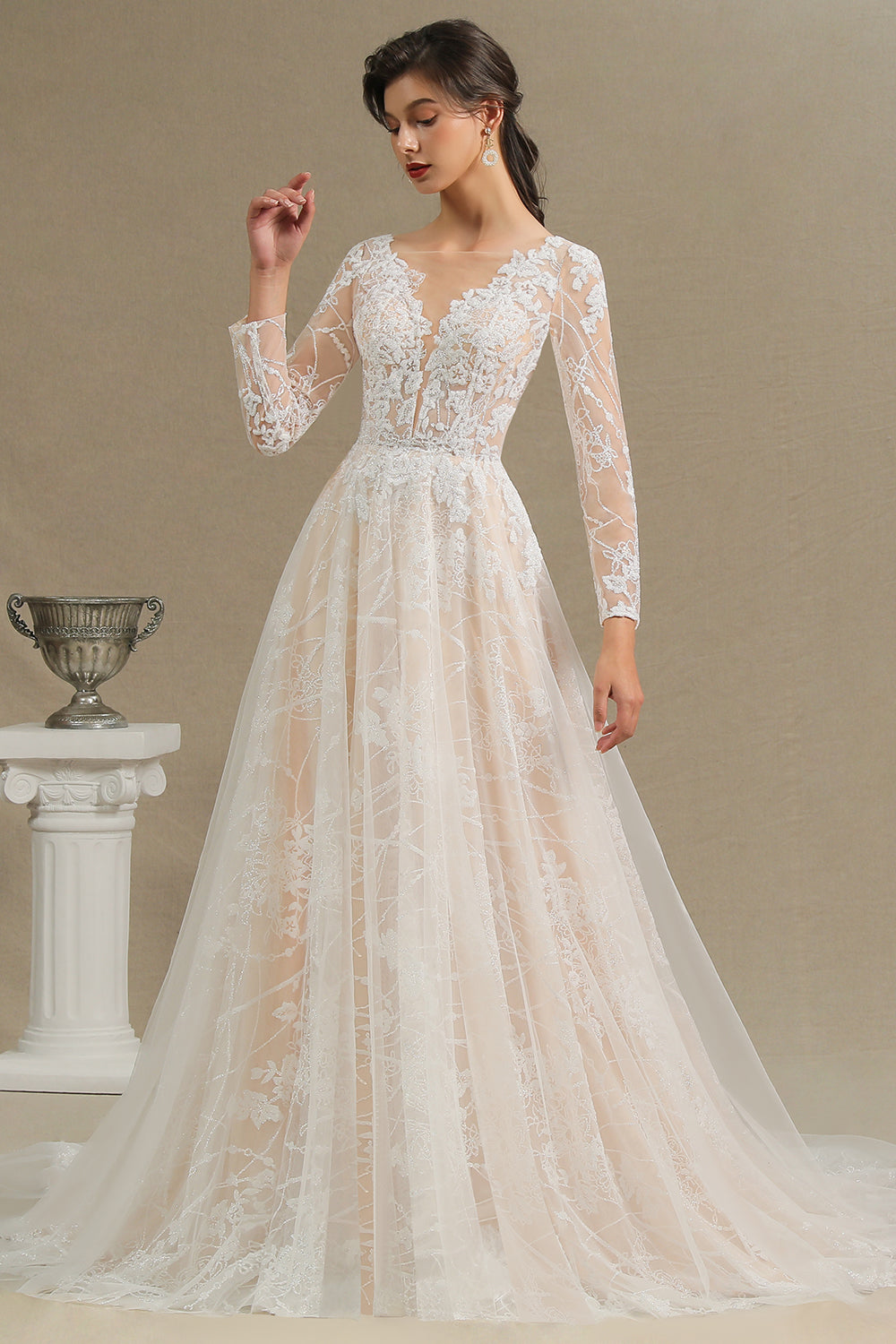 Sheer Tulle A-Line Wedding Dress With Lace Illusion Sleeves