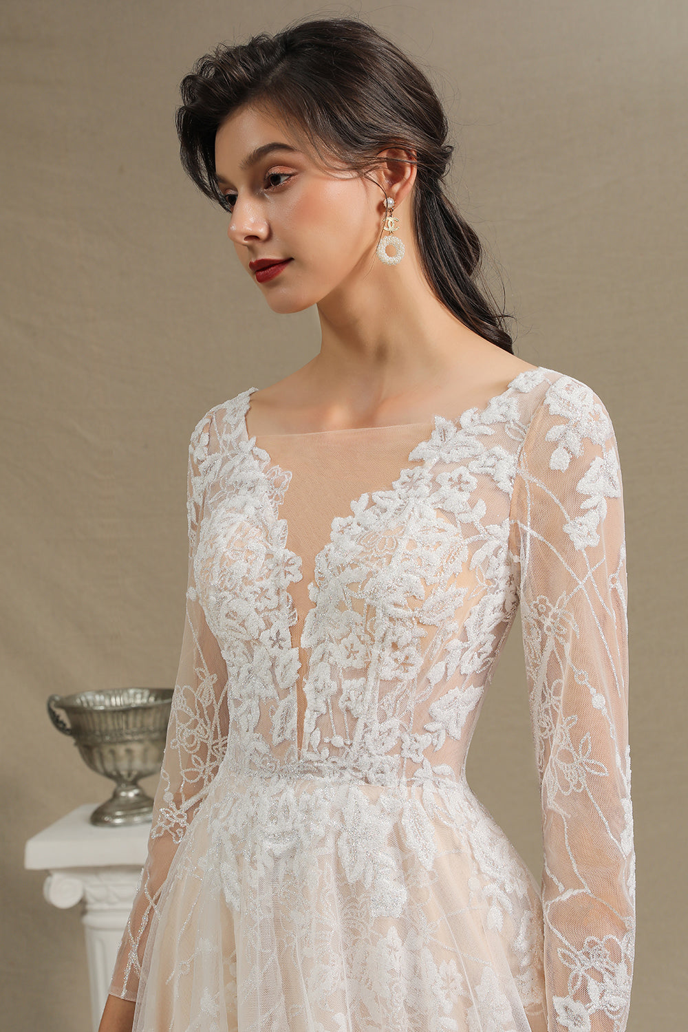 Sheer Tulle A-Line Wedding Dress With Lace Illusion Sleeves