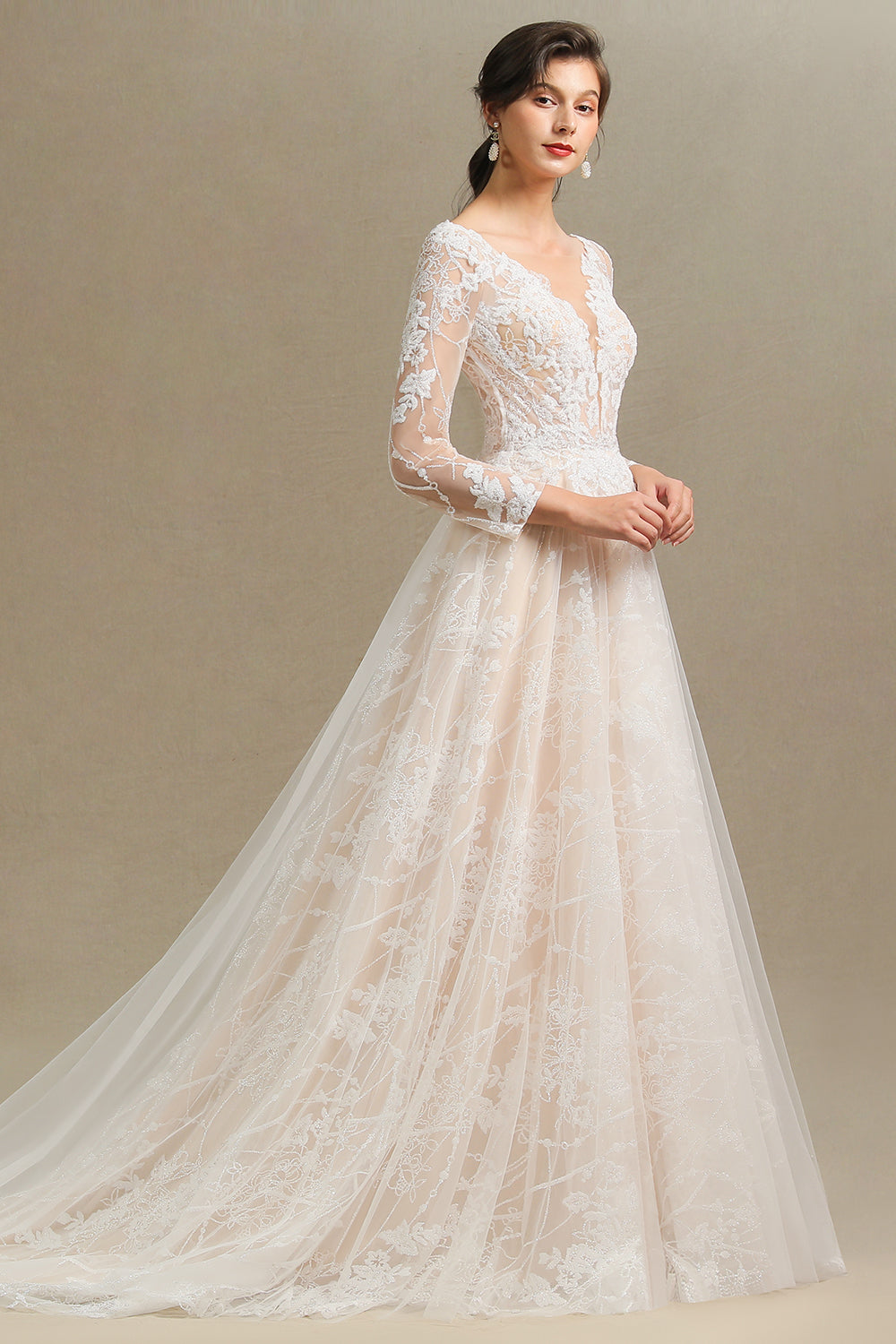 Sheer Tulle A-Line Wedding Dress With Lace Illusion Sleeves