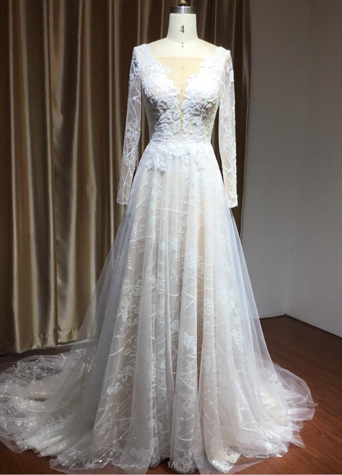 Sheer Tulle A-Line Wedding Dress With Lace Illusion Sleeves