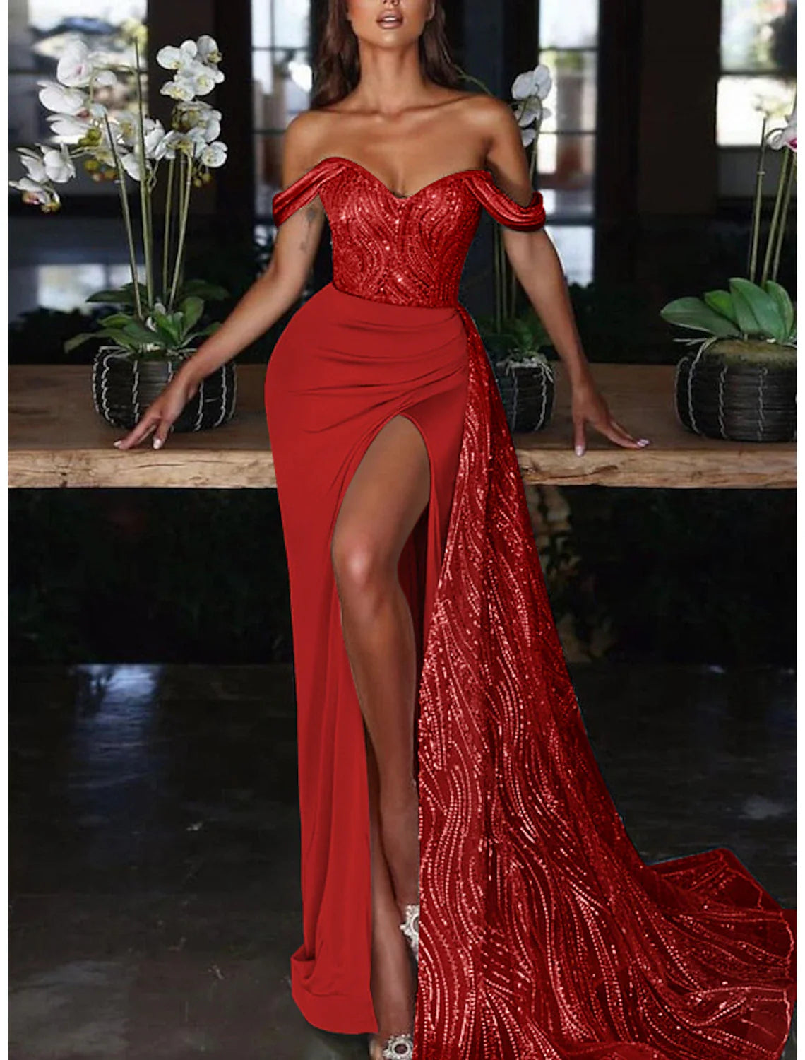 Mermaid Dress Evening Gown Red Green Dress Dress Formal Wedding Guest Court Train Sleeveless Off Shoulder Charmeuse with Ruched Sequin Slit