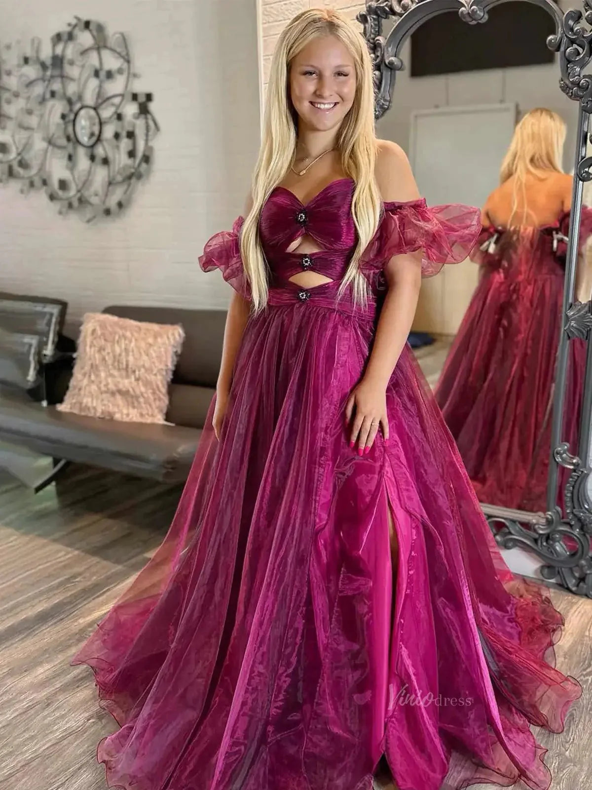 Shimmering Organza Prom Dresses 2025 Off the Shoulder Puffed Sleeve Formal Gown with Slit - FD5137