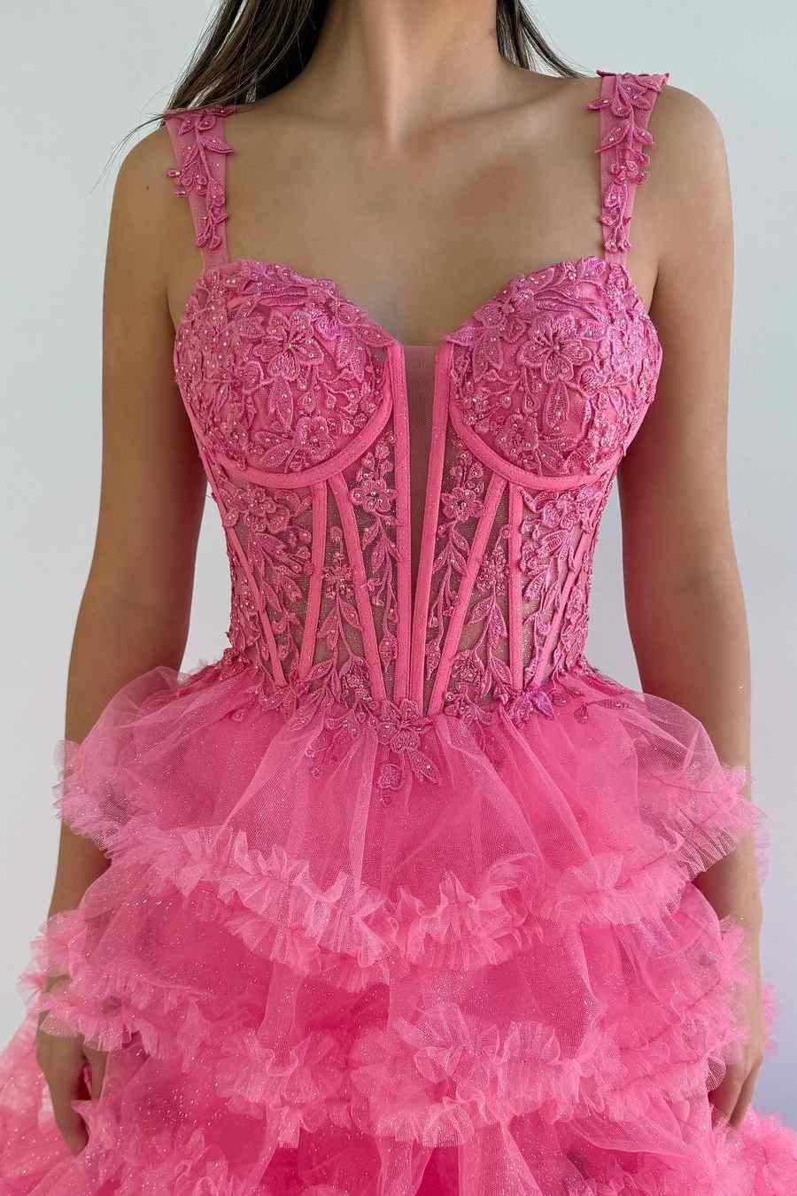 Tiered Ruffles Hot Pink Sweetheart Corset Lace-up Prom Dress with Slit