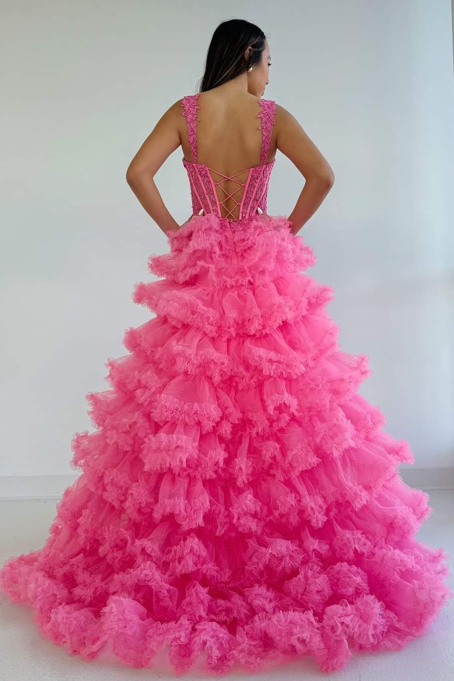 Tiered Ruffles Hot Pink Sweetheart Corset Lace-up Prom Dress with Slit