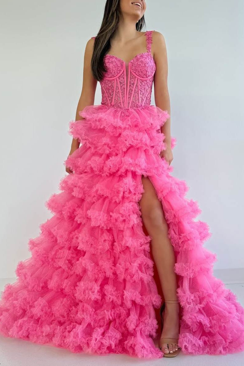 Tiered Ruffles Hot Pink Sweetheart Corset Lace-up Prom Dress with Slit