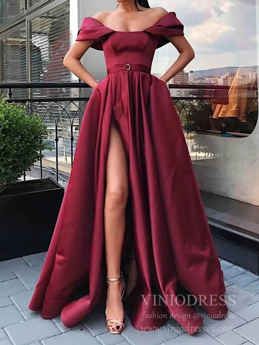 Simple Long Burgundy Prom Dresses with Slit and Pockets FD1260