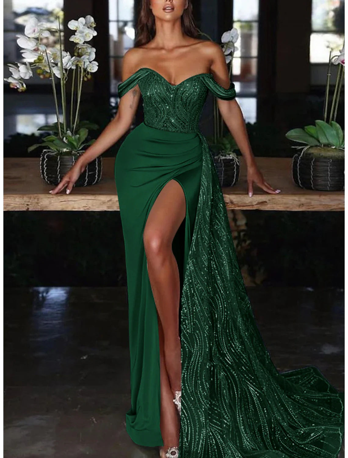 Mermaid Dress Evening Gown Red Green Dress Dress Formal Wedding Guest Court Train Sleeveless Off Shoulder Charmeuse with Ruched Sequin Slit