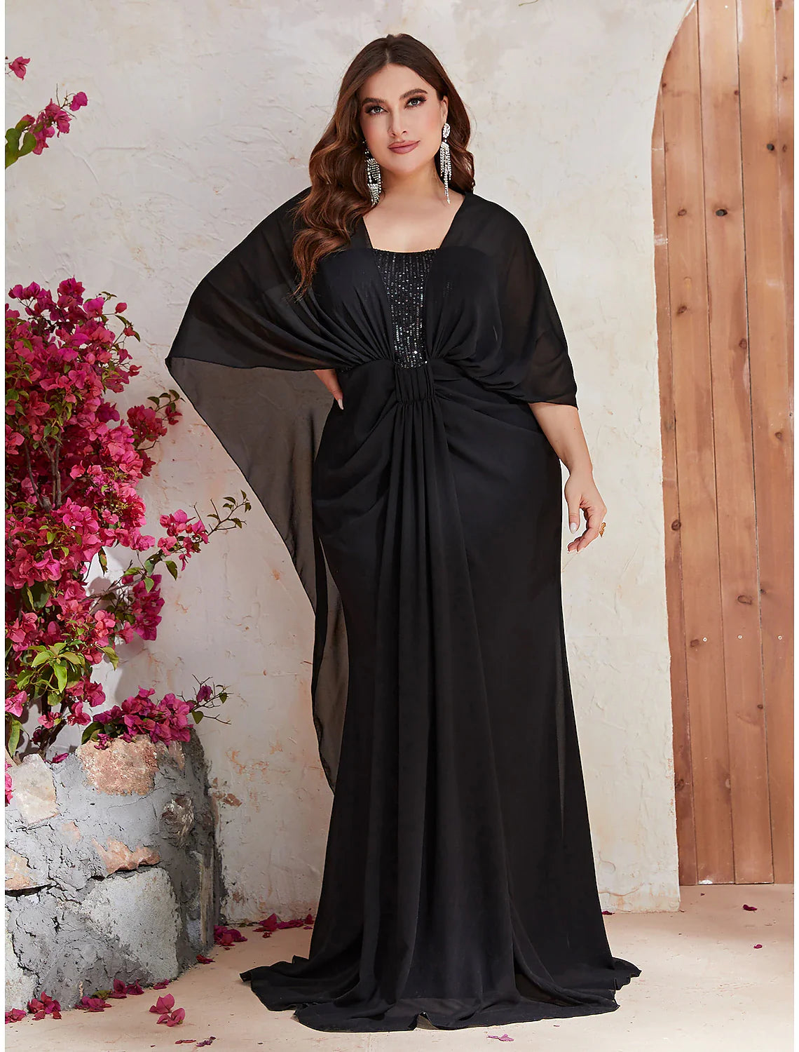 Mermaid / Trumpet Wedding Guest Dresses Plus Size Dress Formal Evening Party Dress Sweep / Brush Train Long Sleeve V Neck Polyester with Sequin Shawl