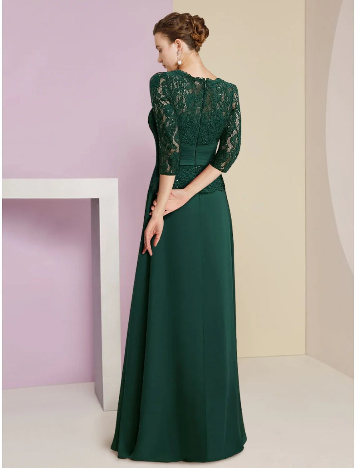 Aimishang  A-Line Mother of the Bride Dress Wedding Guest Elegant Scoop Neck Floor Length Stretch Chiffon 3/4 Length Sleeve with Lace Sequin Ruching