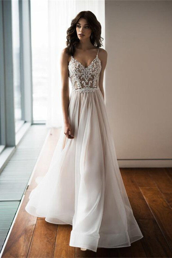 Spaghetti-Straps Lace Appliques Wedding Dress Tulle Beach Bridal Gown