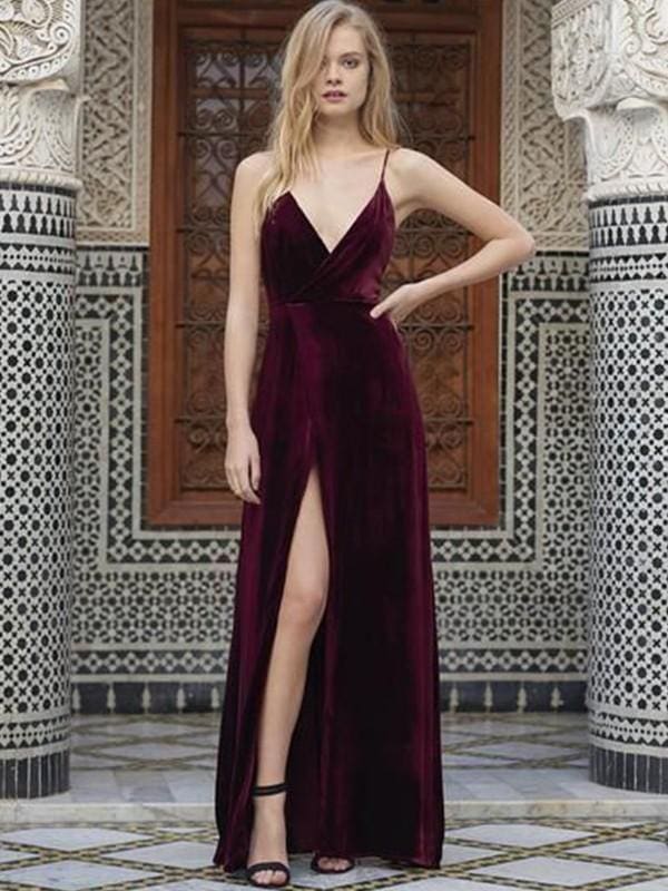 Spaghetti Straps Sleeveless Floor-Length Ruffles Velvet Dresses