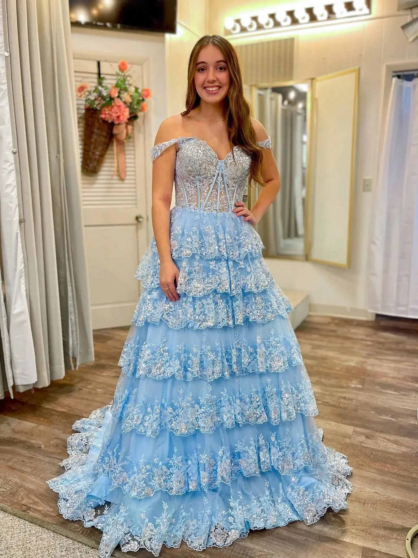 Sparkly Lace Tiered Prom Dresses with Slit Off the Shoulder Formal Dresses - FD3636g