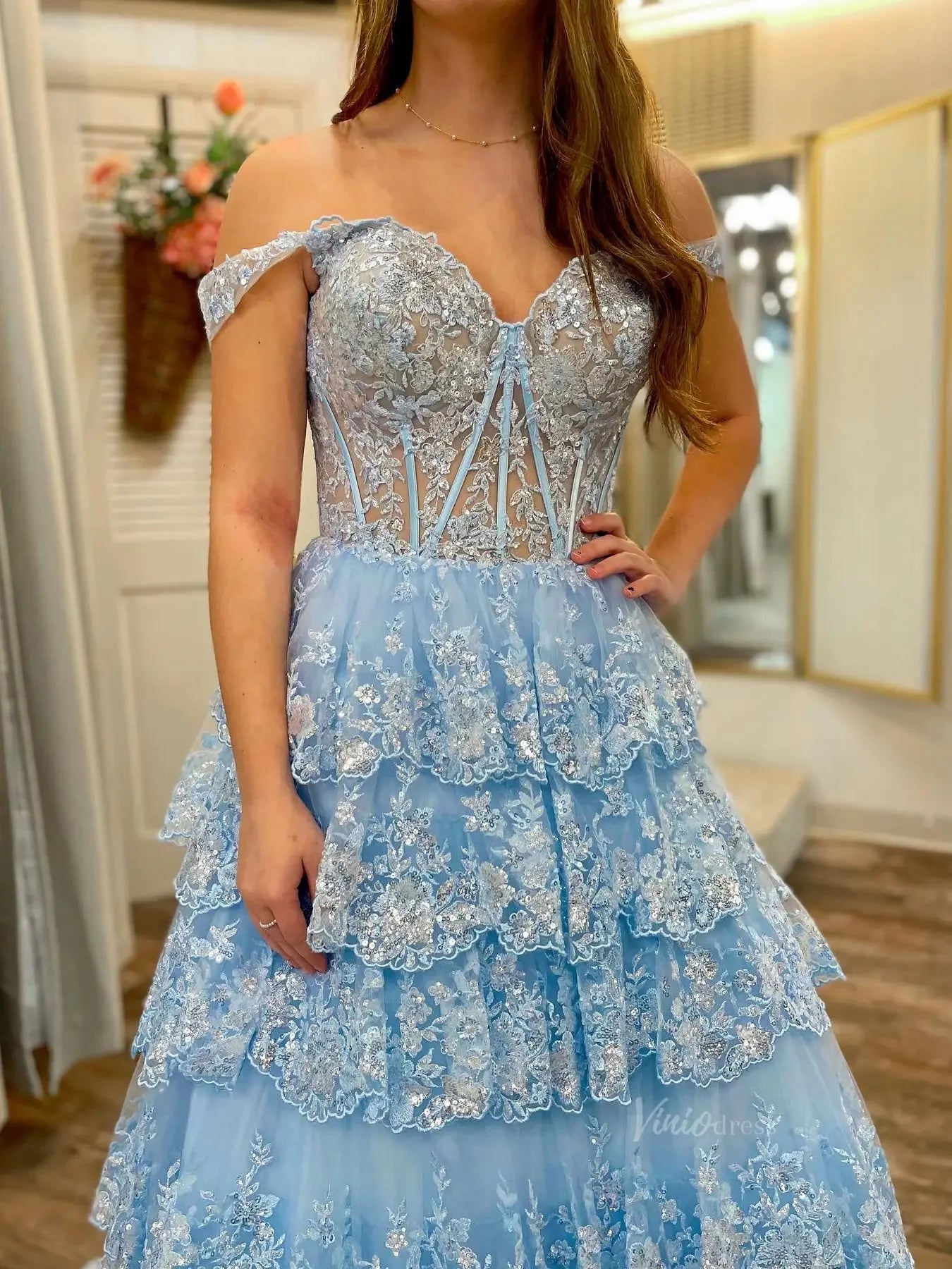 Sparkly Lace Tiered Prom Dresses with Slit Off the Shoulder Formal Dresses - FD3636g