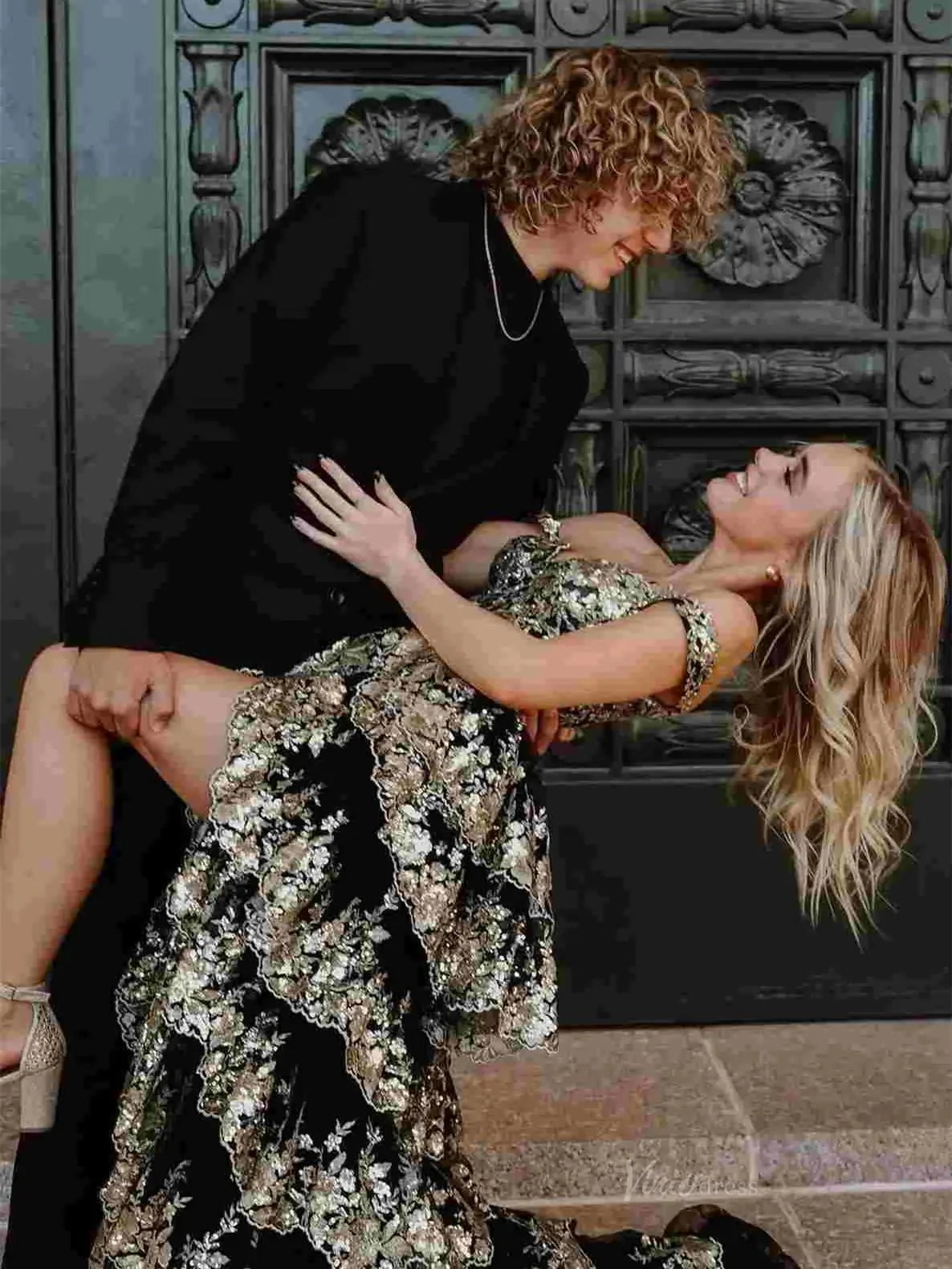 Sparkly Lace Tiered Prom Dresses with Slit Off the Shoulder Formal Dresses - FD3636g