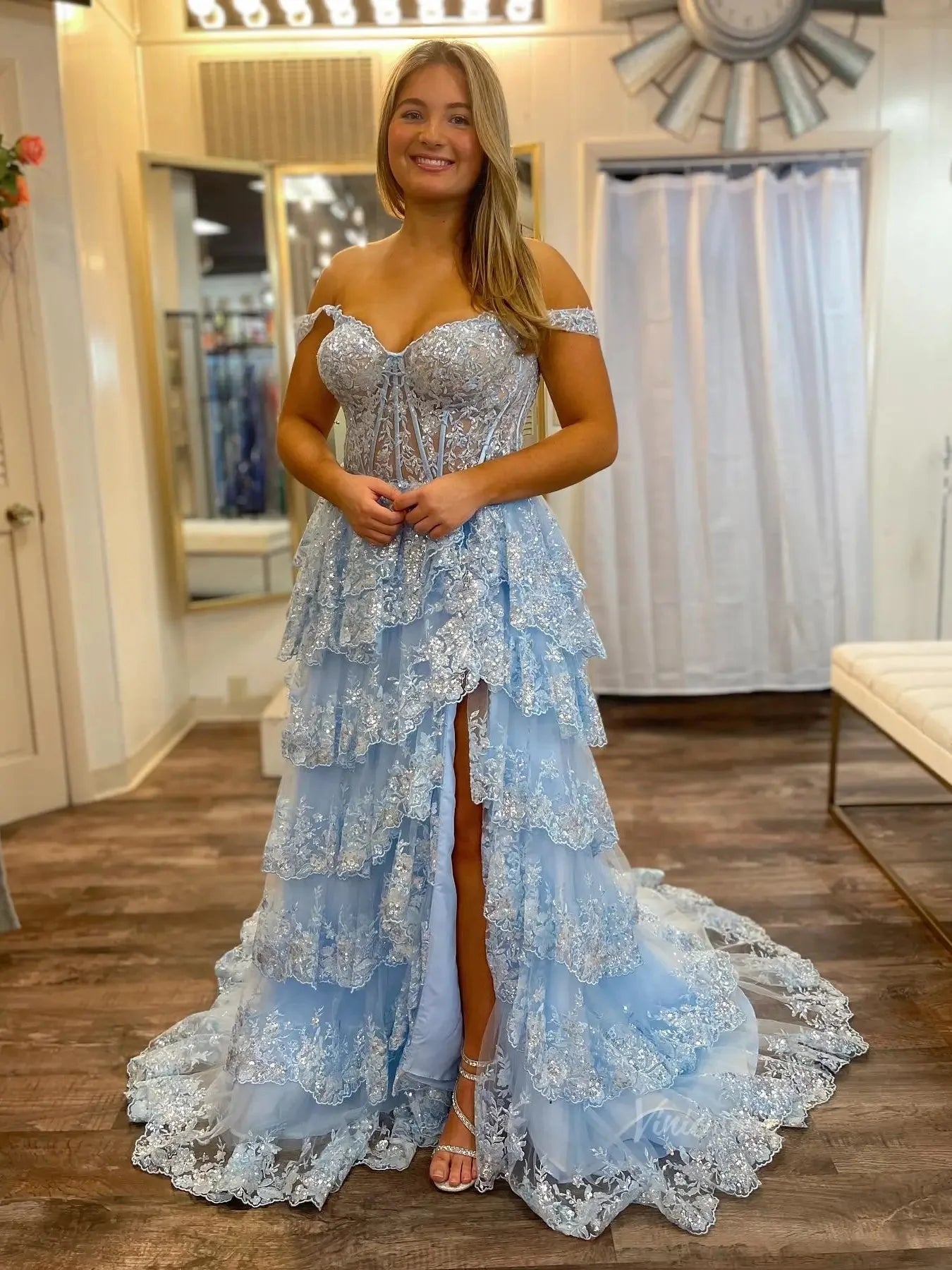 Sparkly Lace Tiered Prom Dresses with Slit Off the Shoulder Formal Dresses - FD3636g