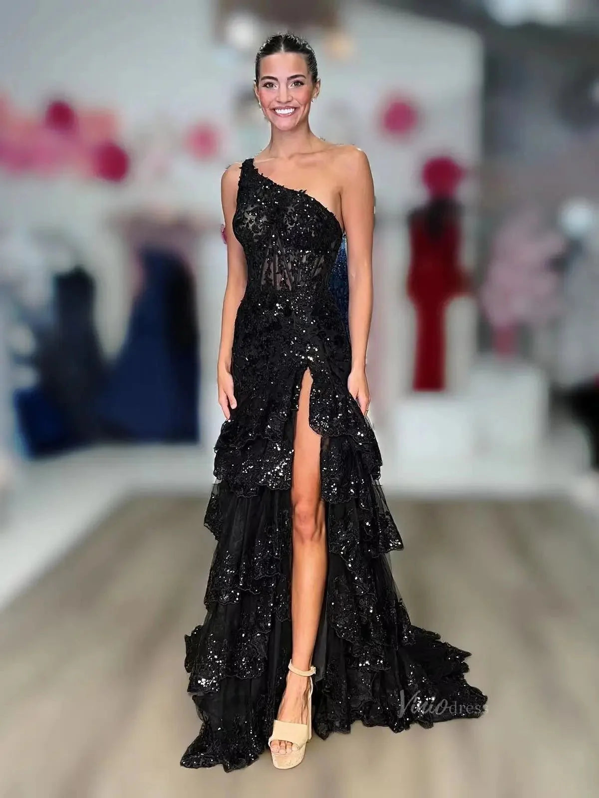 Sparkly Lavender Lace Ruffle Prom Dresses with Slit,One Shoulder Ball Gown FD3637