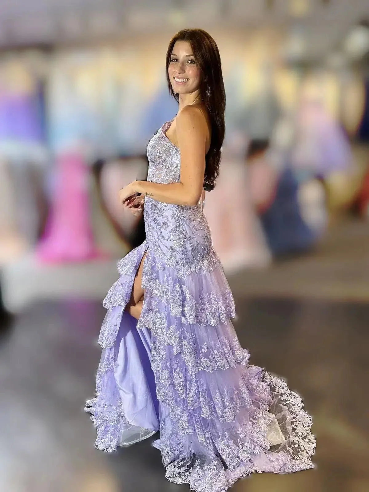 Sparkly Lavender Lace Ruffle Prom Dresses with Slit,One Shoulder Ball Gown FD3637