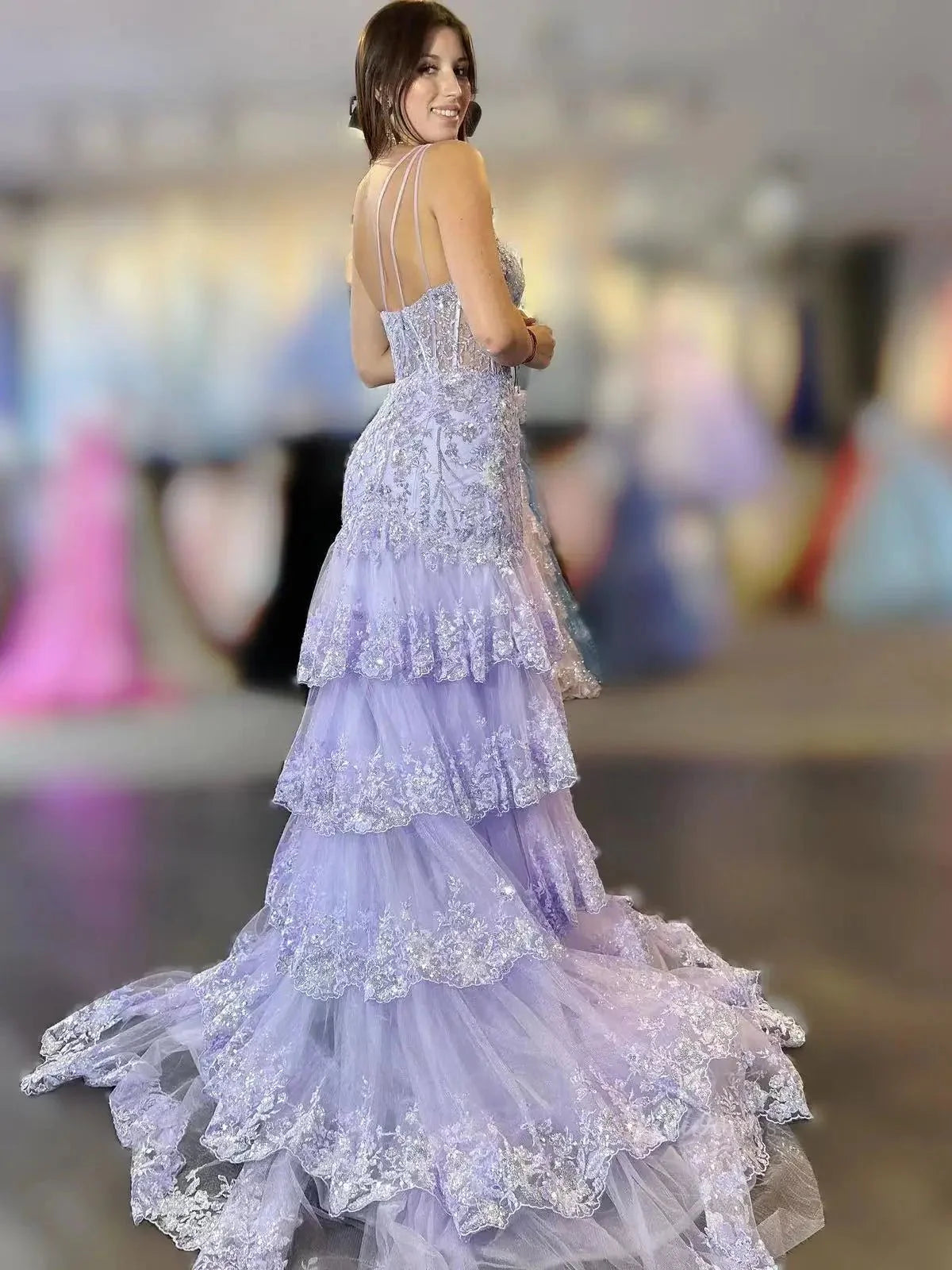 Sparkly Lavender Lace Ruffle Prom Dresses with Slit,One Shoulder Ball Gown FD3637