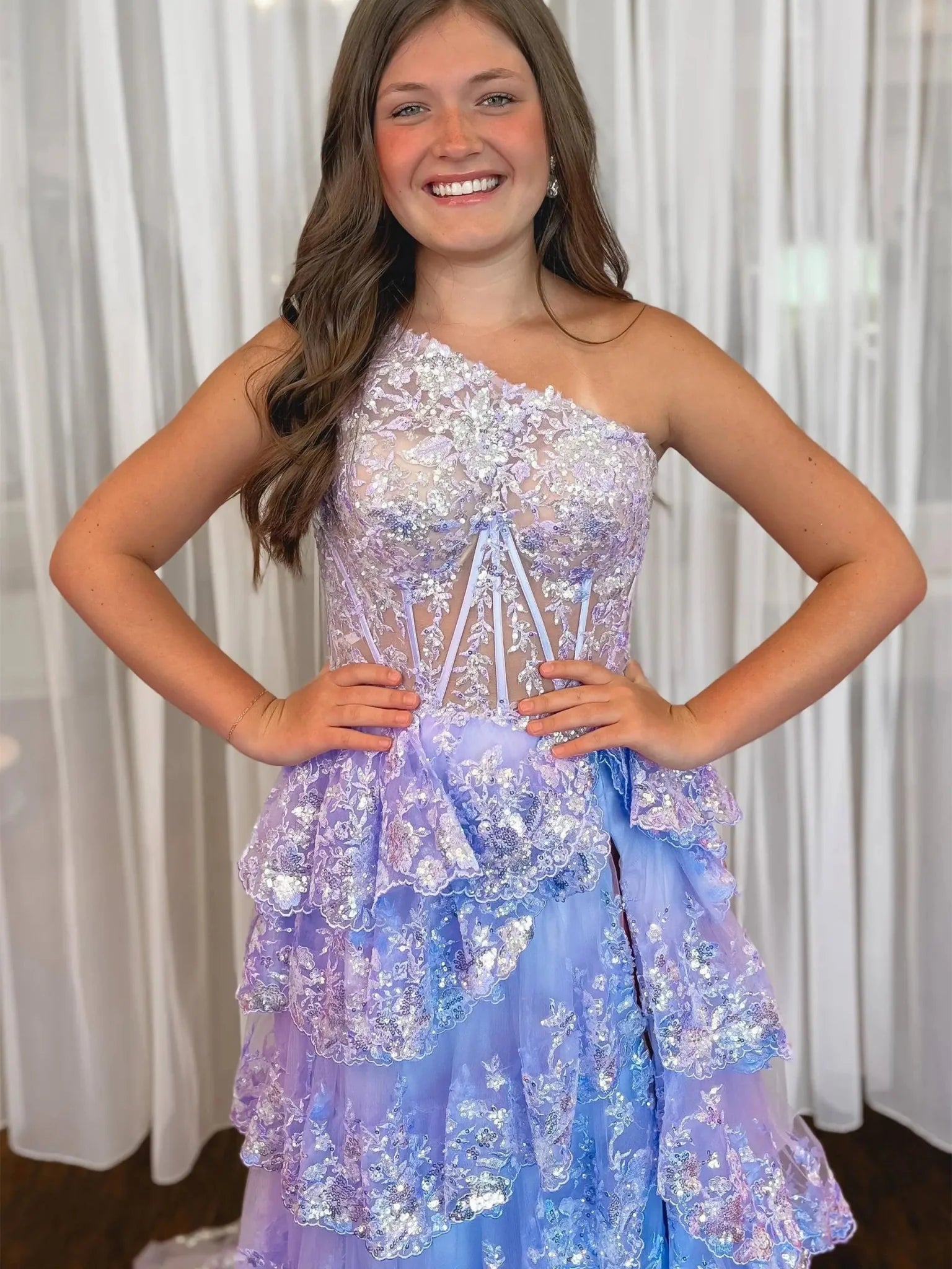 Sparkly Lavender Lace Ruffle Prom Dresses with Slit,One Shoulder Ball Gown FD3637